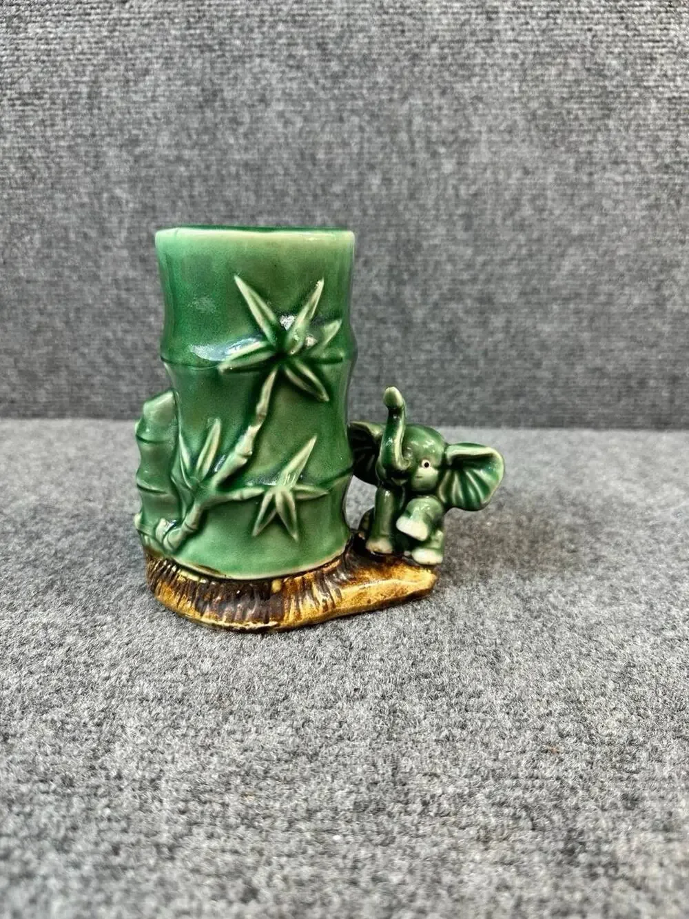 Vintage Ceramic Bamboo Vase with Elephant Figurine 6” Handcrafted – Used